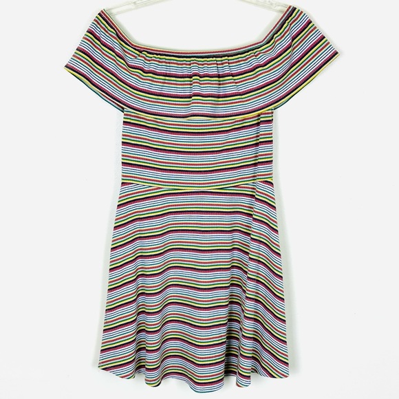 PRIVACY PLEASE Striped Off Shoulder Mini Skater Dress Ribbed Stretch, Size M - Picture 1 of 7